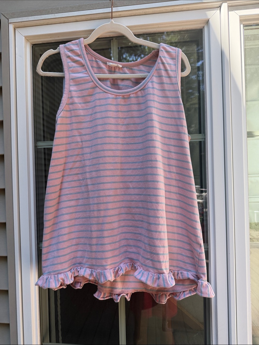 Womens Pink & Gray Striped Ruffle-Hem Tank Top